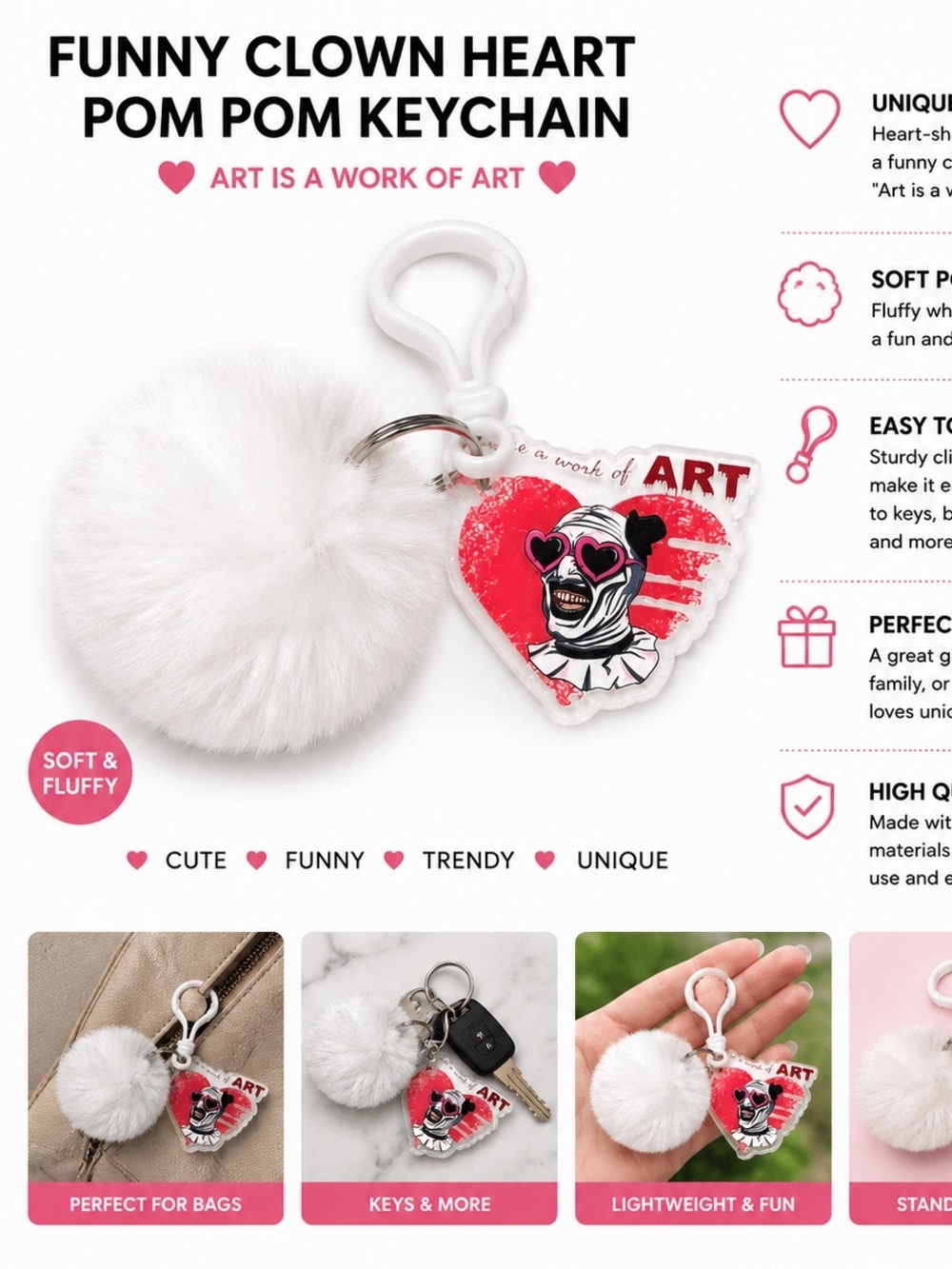 Art the clown Hand Crafted White Pom Pom Keychain with Red Heart Clown Charm